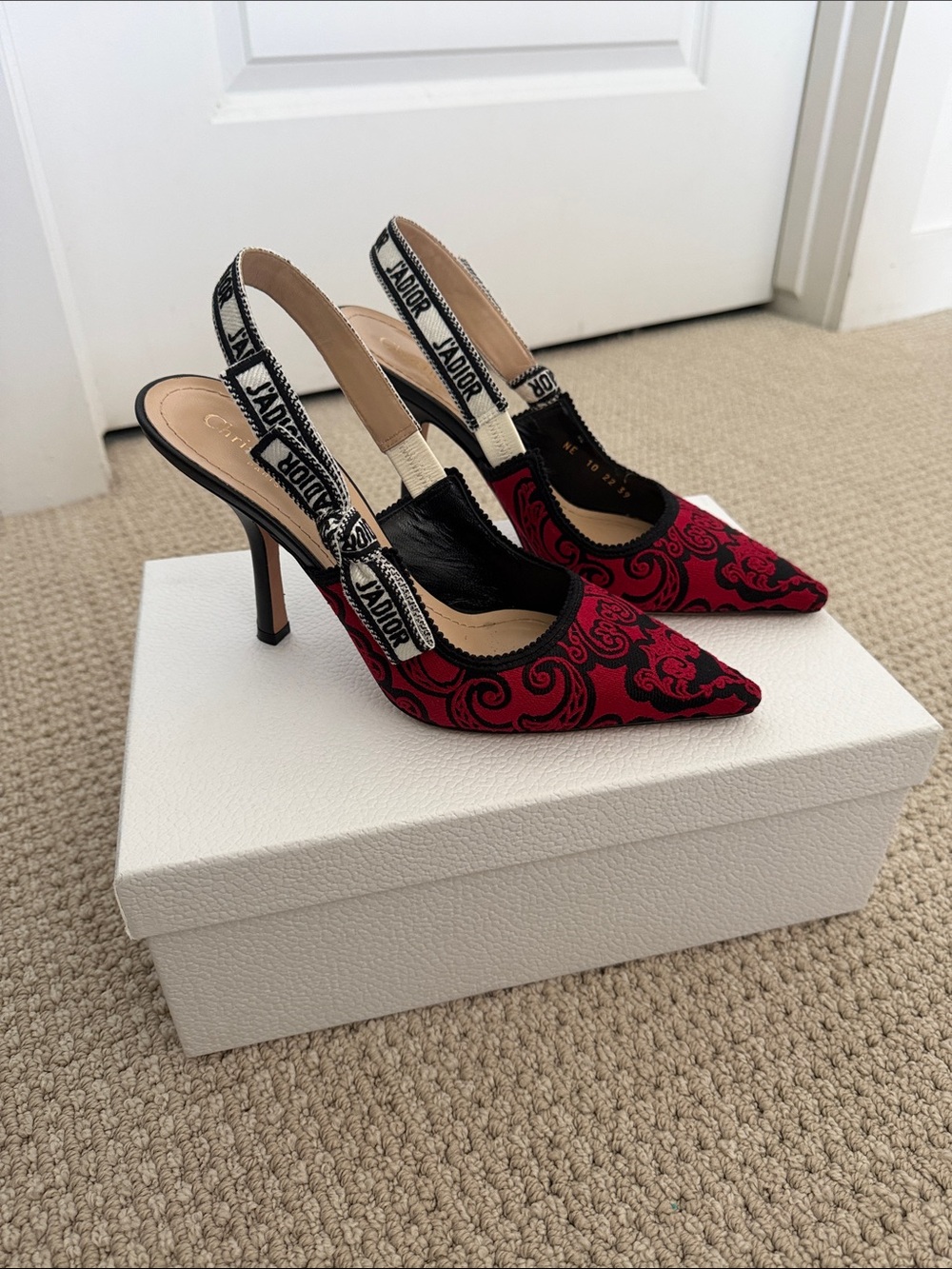 Dior Red and Black Pointed Embroidered Slingback Pumps